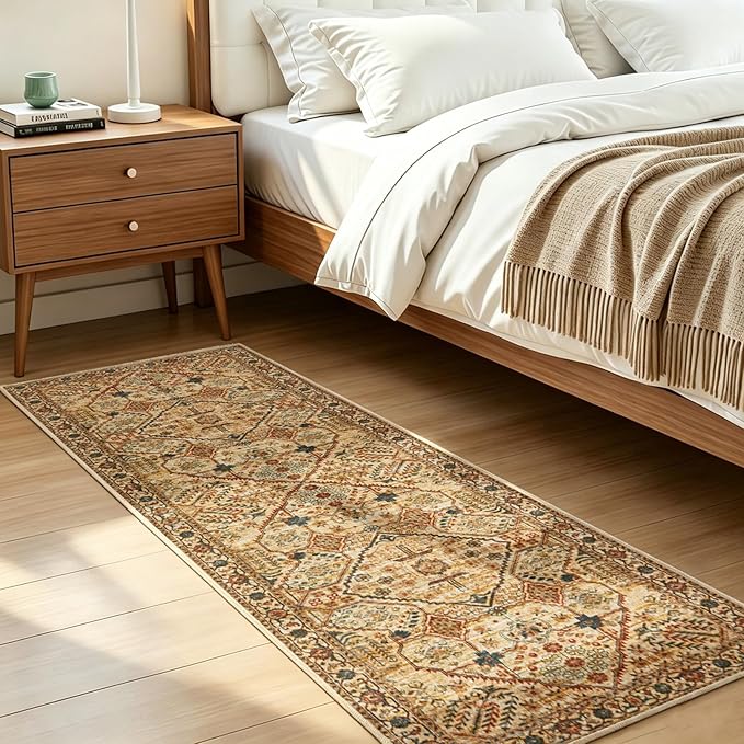 Joydeco Washable 2x5 Hallway Runner Rug Vintage, Tan | Water Resistant Low Pile Non Slip Backing for Kitchen Entryway Bedroom Bathroom Dining Room