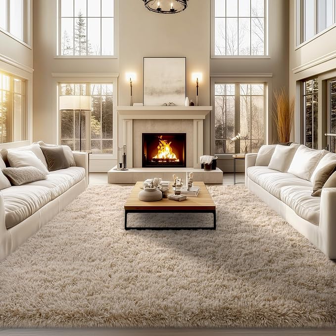 qulint Area Rugs 9x12 Living Room, Fluffy Rug for Bedroom Shag Large Rug 9x12, Soft Alfombras para Salas Modernas Shaggy Fuzzy Carpets for Boys and Girls Dorm Room Home Decor (9ft x 12ft, Light Tan)