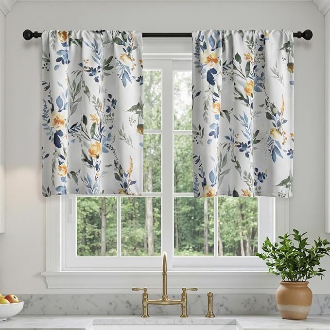 MYSKY HOME Floral Kitchen Tier Cafe Curtains 36 Inch Length 2 Panels Privacy Small Window Treatments Rod Pocket for Bathroom Basement, Yellow and Blue, 30" Wide