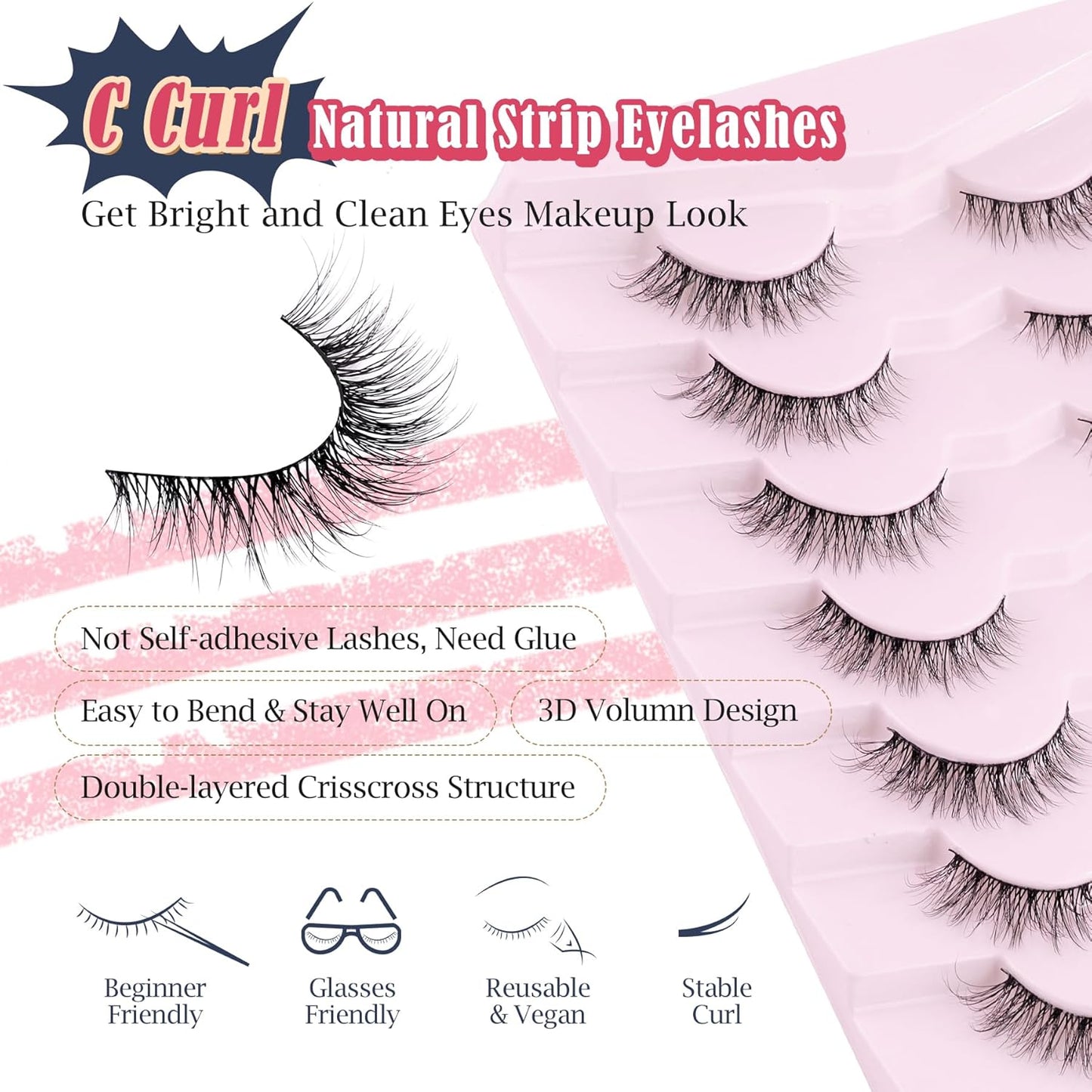Natural Lashes Wispy Cat Eye Lashes 12mm False Eyelashes Natural Look Strip Lashes Thin Cotton Band Soft Eyelashes 3D Volume Lashes Pack C Curl Siligli Eyelashes 7 Pair