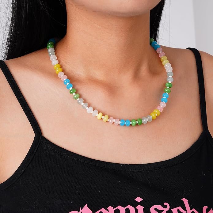 LALAPPLE Colorful Beaded Gemstone Necklace for Women, Boho Rainbow Bead Choker with Natural Stone Crystal Beads, Handmade Summer Beach Necklace Jewelry