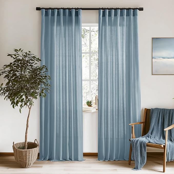 XTMYI Dusty Blue Curtains 96 Inches Long for Living Room,Light Filtering Country Vintage Hooks Pleated Back Tab Semi Sheer Linen Curtains for Bedroom 2 Panels Set,Stone Blue