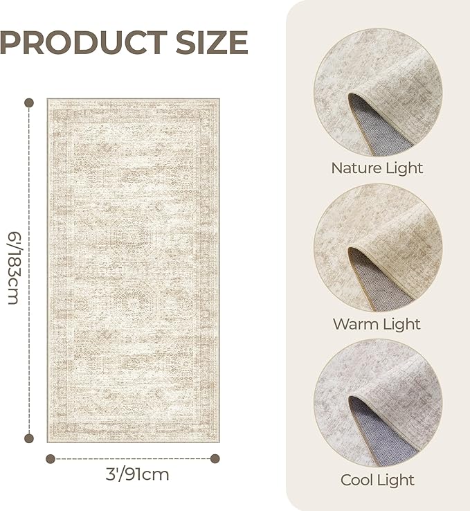 3x6 Runner Rug Non Slip,Washable Hallway Runner Rug,Beige | Neutral Rugs for Kitchen,Entryway,Bedroom,Bathroom,Nursery Room,Thin,Soft Runner Rug,Stain Resistant Indoor Carpet