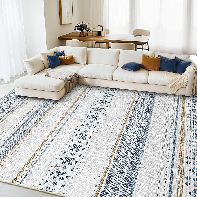 BESTSWEETIE 4x6 Area Rugs for Living Room Washable Moroccan Farmhouse Neutral Geometric Low Pile Non-Slip Soft Print Pattern Rug for Bedroom Kitchen Dining Room Entryway Blue/Brown