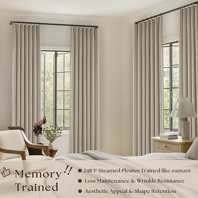 Burlywood Birch Pinch Pleated Full Blackout Curtains Linen Blend Room Darkening Window Curtains 80 Inch for Living Room Bedroom Thermal Insulated Back Tab Pinch Pleat Drapes Hooks Rings 2 Panels 40x80