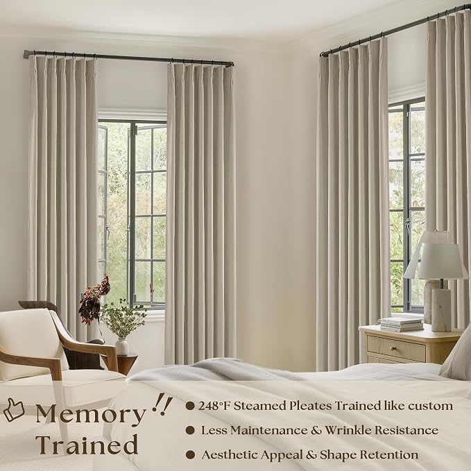 126 Inch Pinch Pleated Linen Blackout Curtains 2 Panels Taupe for Living Room Bedroom Thermal Insulated 100% Black Out Linen Drapes with Liner Room Darkening Window Curtains Burlywood Birch 40x126