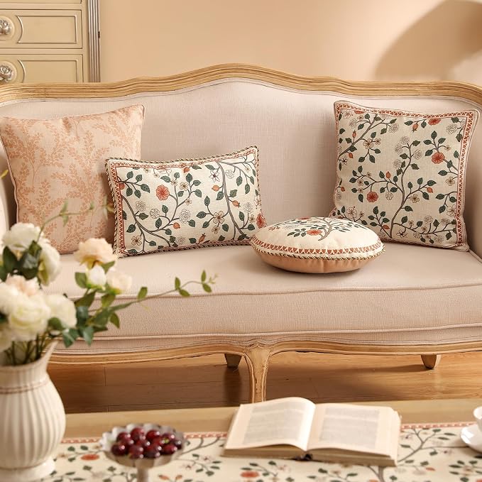 ISAENNE Designer Elegant Vintage Linen Throw Pillow Cover,20"x12"-Flora A | French Rectangle Decor Pillow Cover,Concealed Zipper Design,Floral Pattern,Sofa,Bedroom,Living Room,Lounge Chairs
