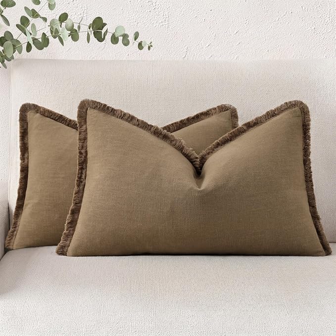 decorUhome Linen Fringe Light Brown Throw Pillow Covers 12x20 Set of 2 | Decorative Soft Accent Modern Boho Farmhouse Lumbar Cushion Covers with Tassels Cotton Pillow Covers for Couch Bed Sofa