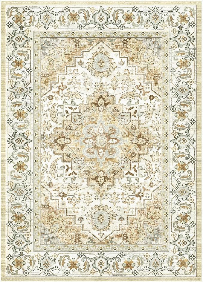 Lessymo 5x7 Area Rugs- Machine Washable Area Rugs, Super Soft Faux-Wool Area Rug for Living Room Bedroom, Boho Area Rug Vintage Floral Medallion Non-Slip Low Pile, Kid & Pet Friendly, Beige
