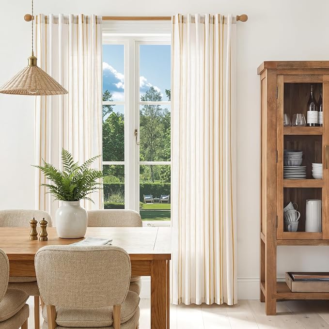 Vangao Striped Curtains Yellow on White Semi Sheer Curtains 84 Inches Long for Living Room Bedroom Modern Farmhouse Linen Textured Light Filtering Drapes 2 Panels Mustard Yellow W50 x L84 Inch