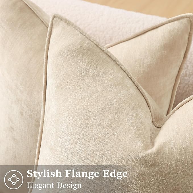 decorUhome Chenille Beige Velvet Throw Pillow Covers 12x20 Set of 2 | Fall Soft Lumbar Couch Decorative Modern Farmhouse Pillow Cases with Elegant Design for Sofa Bed Living Room Home Decor