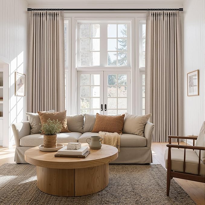 Aersas Sand Beige Pleat Linen Curtains 112 Inches Long for Living Room Pinch Pleated Drape Hooks Rings Back Tab Semi Sheer Light Filtering Curtain for Bedroom Sliding Patio Door 2 Panels 40x112