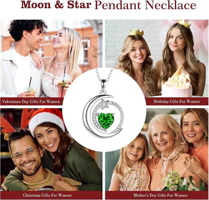 S925 Sterling Silver Birthstone Pendant Necklace Moon Star Necklace Jewelry Gift for Women Anniversary Valentine's day