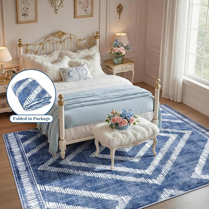 Boho Washable Rugs 5x7ft for Living Room, Low Pile Blue Bedroom Area Rug Non Slip, Moroccan Soft Kids Nursery Area Carpets for Dining Room Playroom Kitchen Home Office Decor