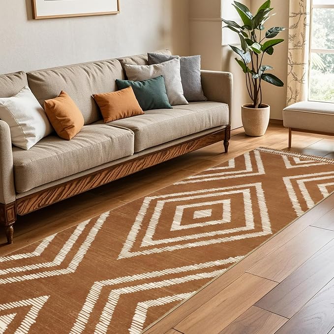 Boho Runner Rugs for Hallway 2.6x8Ft Non Slip, Brown Washable Kitchen Rug with Rubber Backing, Soft Moroccan Farmhouse Entryway Runner, Low Pile Geometric Floor Carpet for Bedroom Home Decor