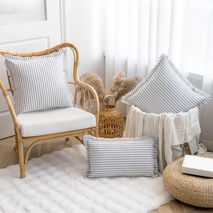 YEENAASY Throw Pillow Covers 16x16 Set of 2 Striped Fringe Pillow Cover Farmhouse Cushion Covers with Tassel Neutral Boho Pillows Decorative Square Pillowcase for Couch Sofa Bed, Blue