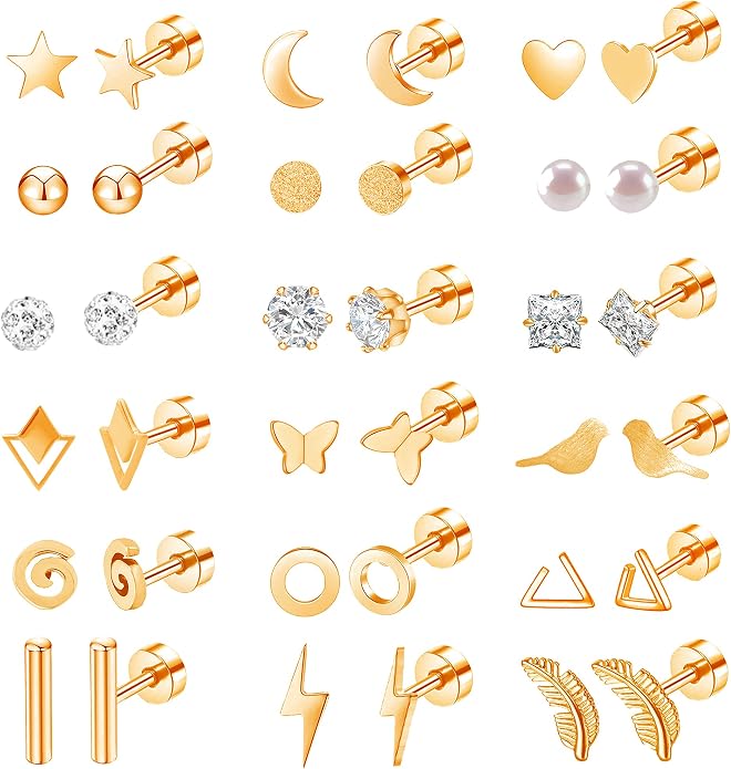 MJust 18 Pairs Women‘s Hypoallergenic Flat Back Stud Earrings, 20g Stainless Steel Earrings Sets for Men, Tiny Unisex Screw Back Cartilage Earrings.