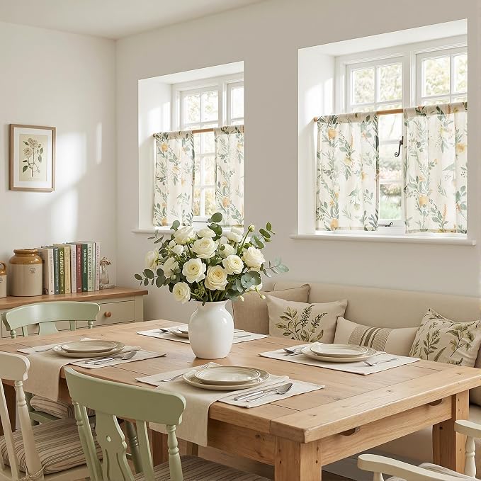MYSKY HOME Floral Kitchen Curtains 24 Inches Linen Tier Curtains Farmhouse Green Flower Patterned Small Window Treatments Airy Light Filtering Rod Pocket for Living Room Bathroom 2 Panels, Each 26" W