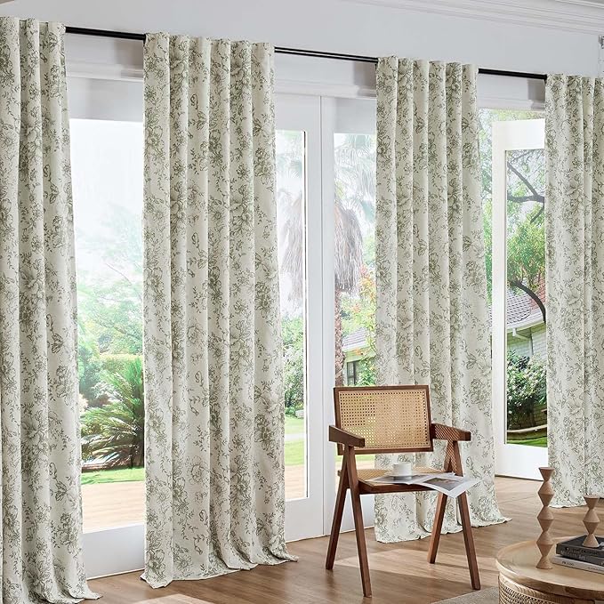 jinchan Green Floral Linen Blackout Curtains 63 Inch Back Tab 2 Panels | Blackout lining, room darkening drapes, farmhouse, vintage, cottagecore, rustic, bedroom, living room, window treatment