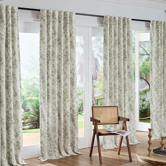 jinchan Green Floral Linen Blackout Curtains 90 Inch Back Tab 2 Panels | Blackout lining, room darkening drapes, farmhouse, vintage, cottagecore, rustic, bedroom, living room, window treatment