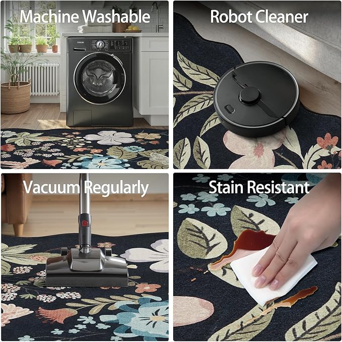 DCX Vintage Floral Rug 6x9, Washable Black Rug for Living Room, Kid & Pet Friendly with Rubber Back Non Slip, Soft Low Pile Carpet, Stain Resistant Rug for Bedroom, Nursery, Dining Room