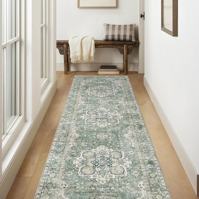 LUXRUG Kitchen Runner Rugs Non Skid Washable - 2.5x8ft Long Sage Green Farmhouse Boho Hallway Runner Rug Low Pile Soft Vintage Farmhouse Oriental Carpet for Hallway Laundry Room Entryway Bedroom