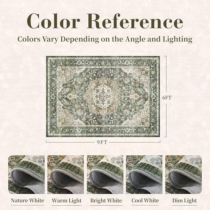 PADOOR 6X9 Area Rug,Rugs for Living Room,Soft Olive Rugs for Bedroom,Machine Washable Rug Non Slip Carpet for Dining Room Living Room Bedside Office