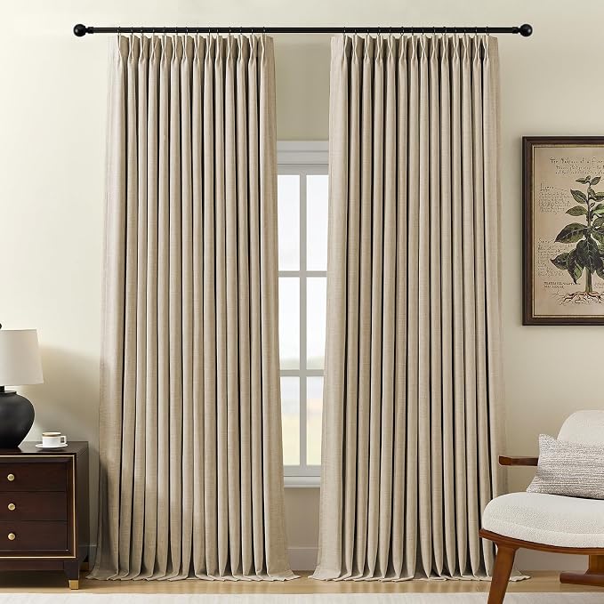 Pinch Pleated Curtains 100% Blackout Linen Curtains 108 Inches Long for Bedroom Living Room, Sand Color Memory Trained Thermal Insulated Room Darkening Window Drapes with Hooks 2 Panels 40"Wx108"L
