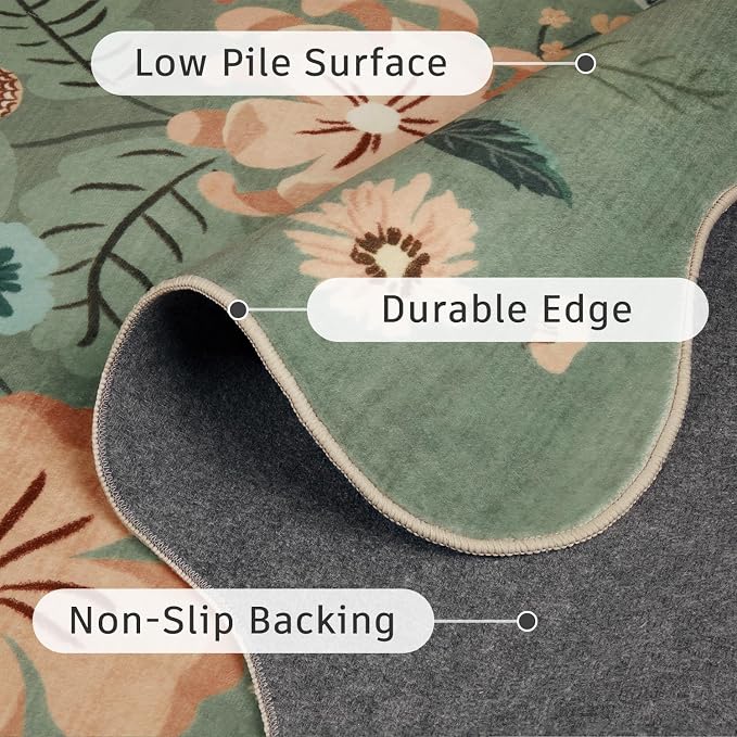 DCX Vintage Floral Rug 6x9, Washable Sage Green Rug for Living Room, Kid & Pet Friendly with Rubber Back Non Slip, Soft Low Pile Carpet, Stain Resistant Rug for Bedroom, Nursery, Dining Room