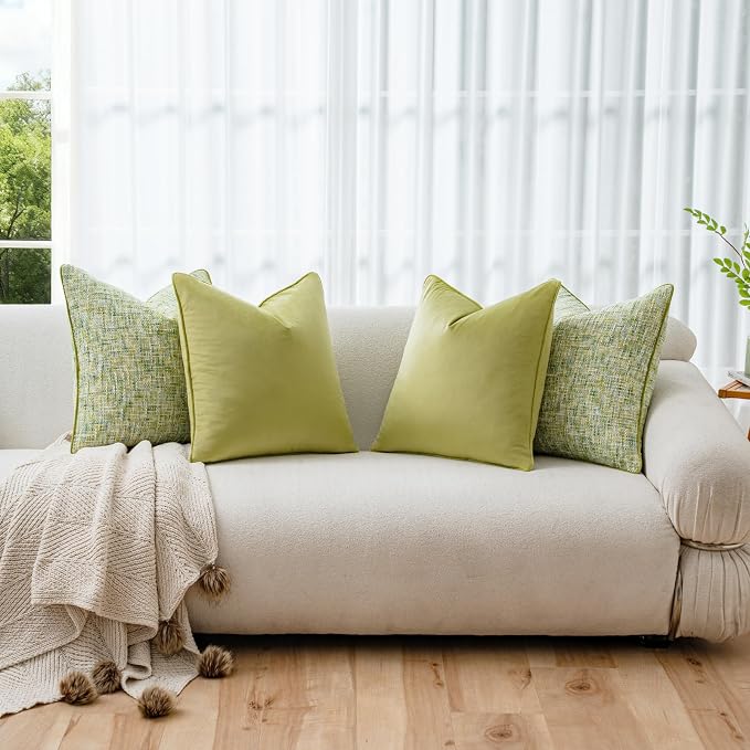 a moment Green 4 Pack Throw Pillow Covers - Chenille & Velvet Set with Piping, Farmhouse Textured Design Pillow Cases for Couch Sofa Bed Livingroom (22x22 Inch, No Insert)
