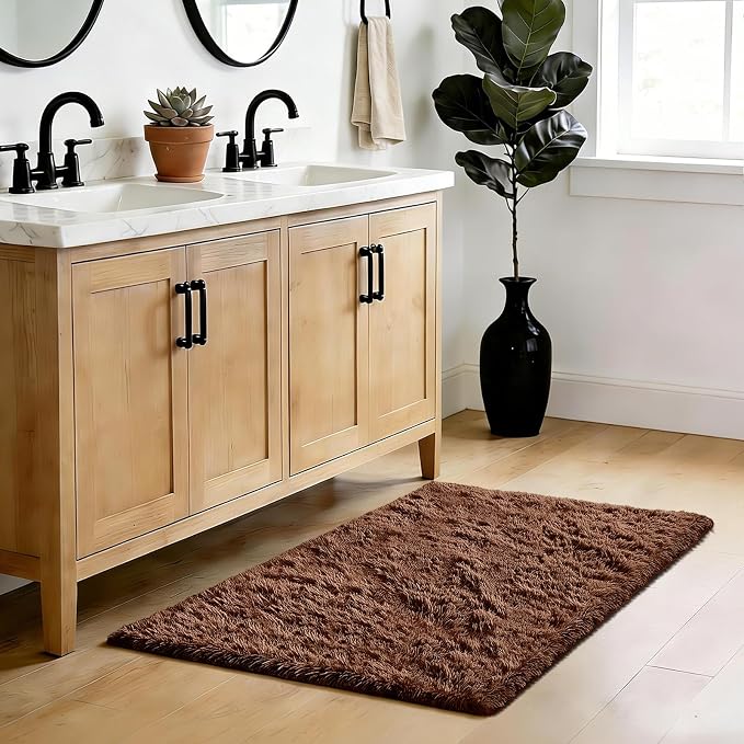 Fluffy Rug Shag Area Rug, Brown 3x5 Area Rugs for Bedroom, Small Bedside Rug, Soft Fluffy Shag Entryway Throw Rugs for Living Room Bedroom Room Home Decor