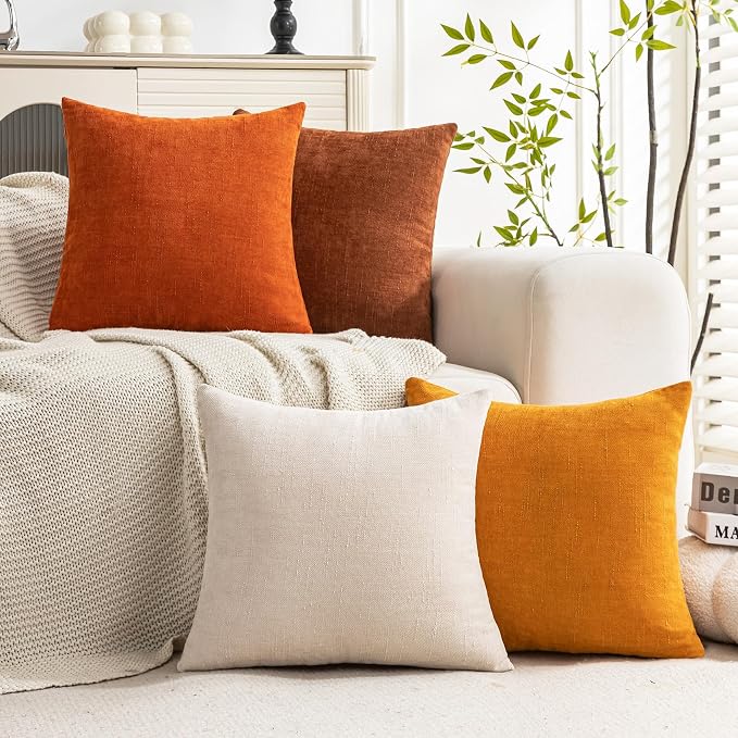 Set of 4 Soft Textured Decorative Throw Pillow Covers 16x16 Inch Cozy Farmhouse Cushion Cover Square Accent Pillow Cases for Bed Couch Sofa Living Room, Beige Rust Orange
