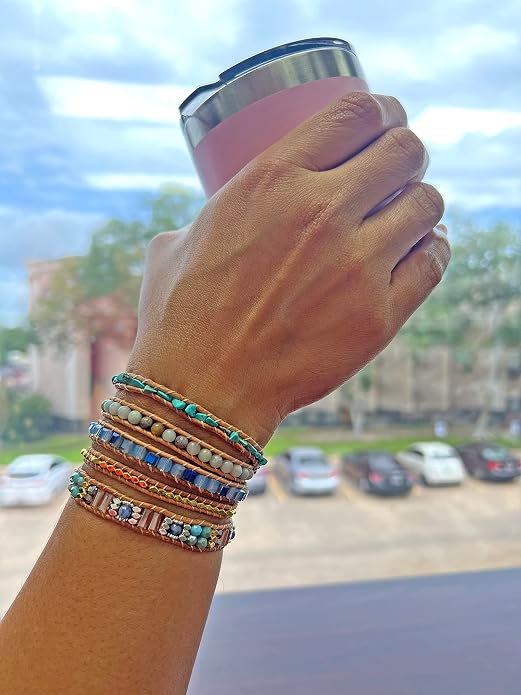 MGR MY GEMS ROCK! 35-Inch Long Multi-Layer Hand Crafted Gemstone and Crystal Multi-Stone Beaded on Genuine Leather Boho Style Stackable Super Wrap Bracelet, up to 5 Wraps.