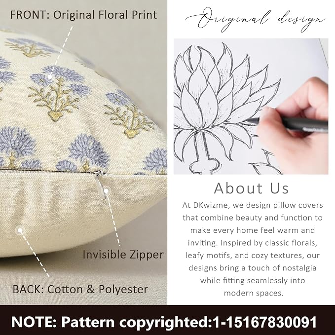 Farmhouse Floral Pillow Covers 24x24 Set of 2, Country Botanical Throw Pillow Cover for Sofa Couch Bed Living Room, Rustic Vintage Flower Cushion Covers Cottage Home Décor,Blue Mustard