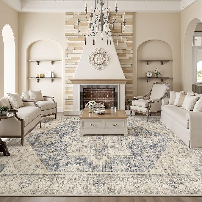 5x7 Area Rugs for Living Room - Large Carpet Ultra Thin Soft Washable Oriental Vintage Floral Distressed Big Indoor Carpets for Bedroom Nursery Dorm Home Decor Aesthetic - Blue Beige