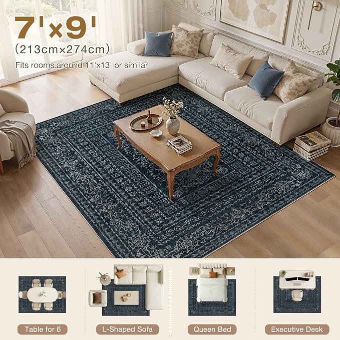 Nakagishi 7x9 Area Rugs Living Room: Washable Large Vintage Rug Neutral Non-Slip Soft Stain Resistant Indoor Carpet for Bedroom Nursery Dining Room Office Playroom - Navy