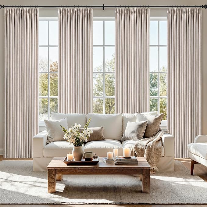 MIULEE Pinch Pleated Thick Linen Curtains 102 Inch 4 Panels Set Back Tab Memory Trained Pinch Pleat Semi Sheer Light Filtering Privacy Curtain Let Light in Window Drape for Living Room Bedroom Natural