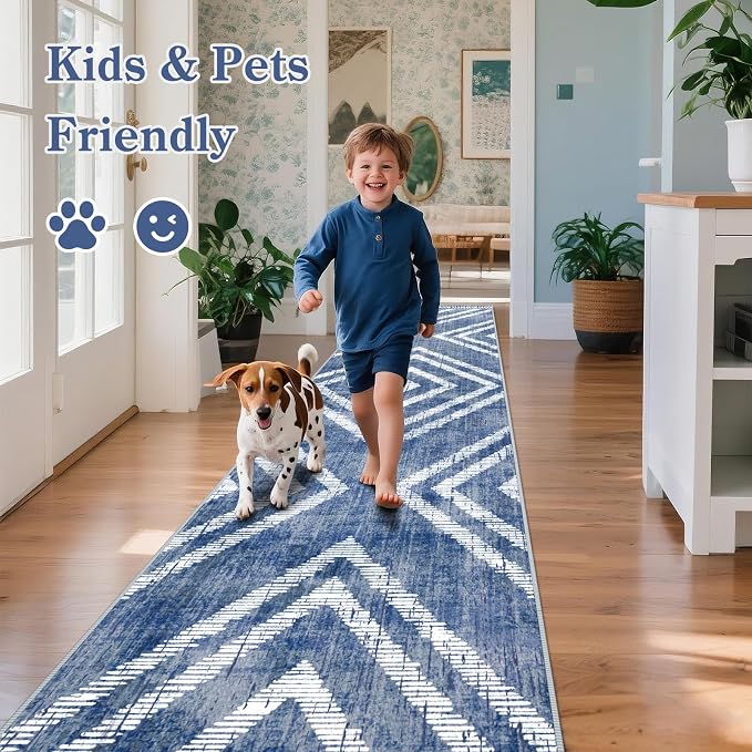 2x10Ft Boho Hallway Runner Rugs Non Slip, Blue Geometric Washable Rug Runners for Kitchen, Soft Low Pile Modern Farmhouse Entryway Floor Carpets for Entrance Doorway Bedroom Home Decor