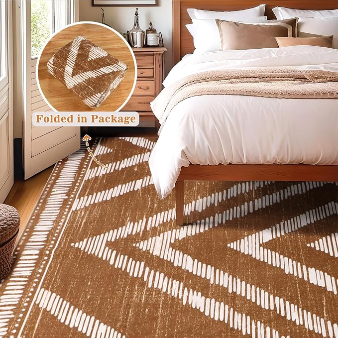 Boho Washable Area Rugs 9x12ft for Living Room, Large Soft Bedroom Rug Non Slip, Low Pile Brown Moroccan Floor Carpets for Dining Room Nursery Playroom Home Office