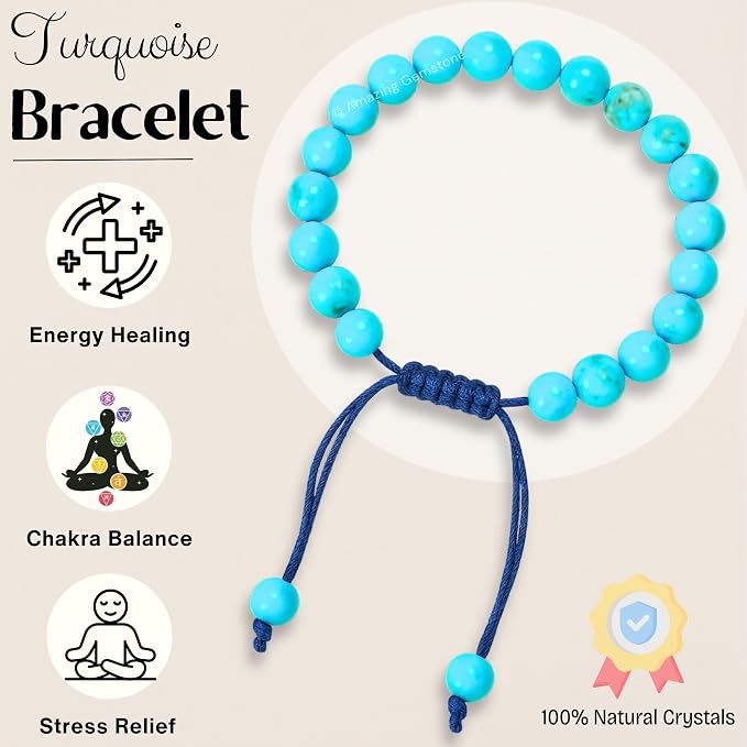 Amazing Gemstone Turquoise Bracelet for Women Men's Gifts - Protection Healing Crystal Bracelet - 8mm Gemstone Beaded Adjustable Bracelet
