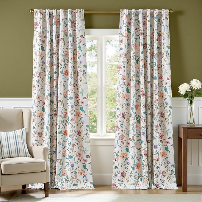 jinchan Beige Floral Blackout Curtains 96 Inch Back Tab 2 Panels Set | Room darkening, cream elegant vintage farmhouse drapes, botanical floral print, bedroom, living room, window treatment