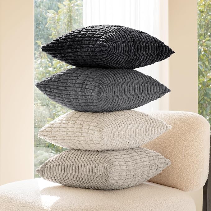 Softalker Throw Pillow Covers 16x16 Inch, Set of 4, Corduroy Soft Striped Farmhouse Boho Pillow Cover, Modern Decorative Cushion Pillow Case for Couch Sofa Bedroom Living Room, Grey/Black