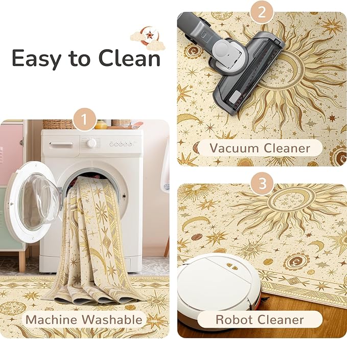 Vacuum-Friendly, 2x8 Washable Area Rug, Beige Camel Brown | Sun and Moon Boho Gothic Non-Slip Low Pile Living Roon Bedroom Dining Room Kitchen Entry Entryway Entrance Hallway Doormat