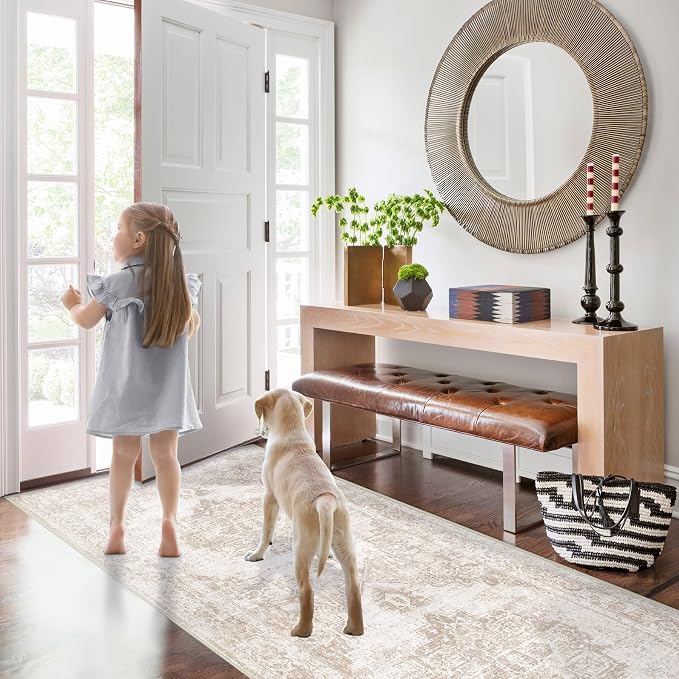 Runner Rug 2x5 Hallway Runner Rugs: Washable Vintage Kitchen Area Rug Medallion Distressed Rugs Non Slip Soft Low Pile Indoor Floor Carpet for Living Room Bedroom Bathroom Laundry(Beige, 2'x5')