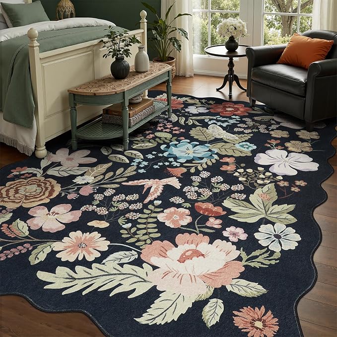 DCX Vintage Floral Rug 6x9, Washable Black Rug for Living Room, Kid & Pet Friendly with Rubber Back Non Slip, Soft Low Pile Carpet, Stain Resistant Rug for Bedroom, Nursery, Dining Room
