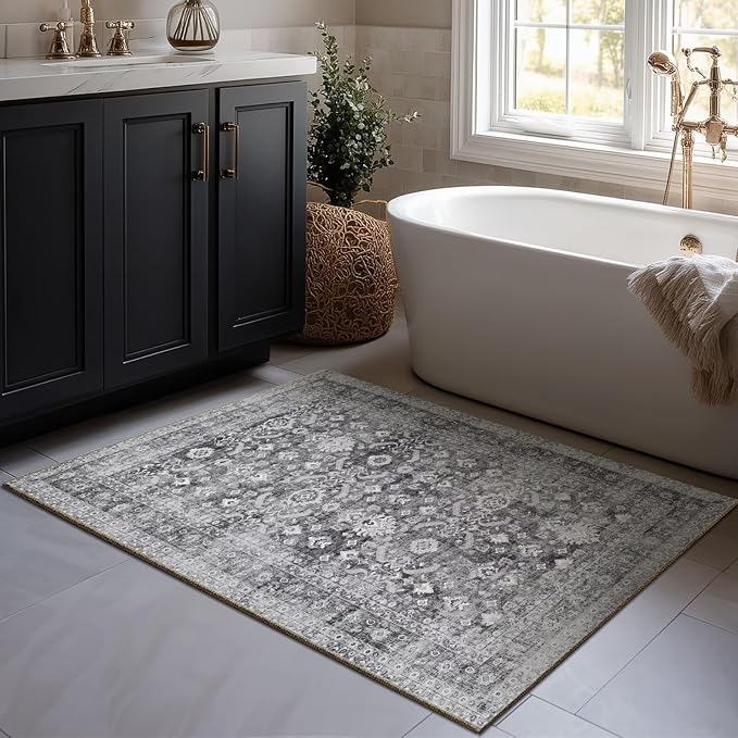 Washable 2x3 Entryway Rug, Boho Vintage Non-Slip Door Mat, Grey | 0.3" Neutral Throw Small Rugs for Bedroom Kitchen Nursery Entrance, Cushioned for High-traffic Area