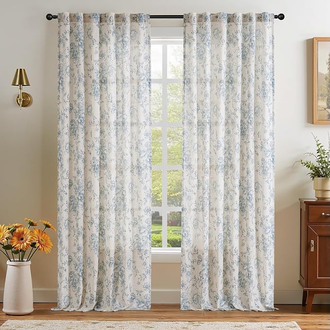jinchan Blue Floral Linen Curtains 108 Inch Farmhouse Back Tab 2 Panels | Light filtering drapes, semi sheer, farmhouse, cottagecore, rustic, living room, bedroom, rod pocket, window treatment
