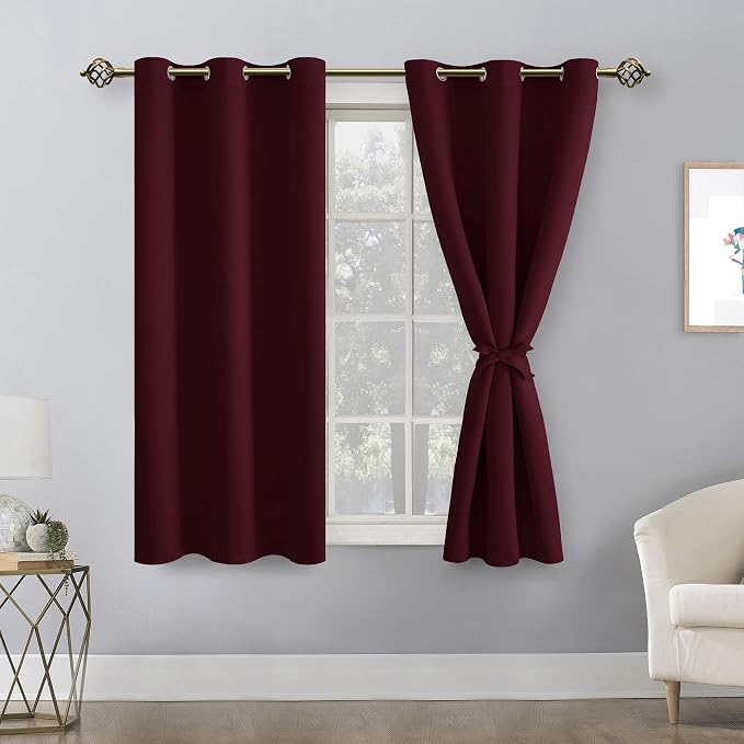 Hiasan Blackout Curtains for Bedroom - Thermal Insulated & Light Blocking Window Curtains for Living Room Christmas Decor, 2 Drape Panels Sewn with Tiebacks, Burgundy, 38 x 54 Inch
