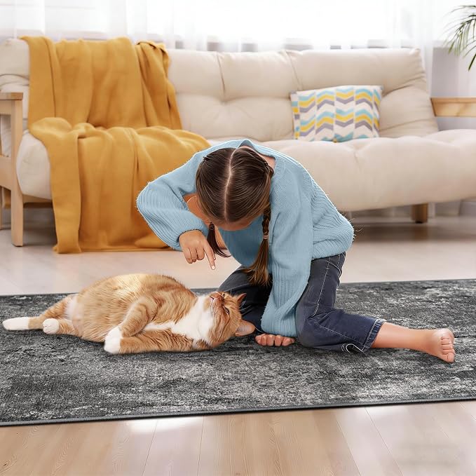 2x10 Black Rug Runners for Hallways Kitchen Runner Rug Non Slip Washable Black Long Runner Rugs with Rubber Backing Soft Abstract Carpet Runner for Bedroom, Kitchen, Bathroom, Entryway