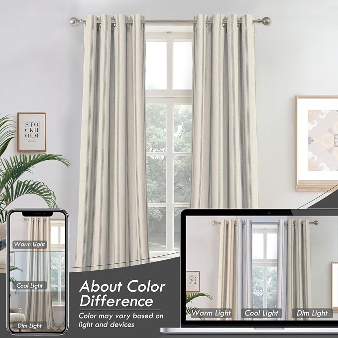 DriftAway Farmhouse Linen Stripe Blackout Curtains, W52xL96, Gray | Blackout, Linen Texture, Stripe Pattern, Rod Pocket & Back Tab, Two Layers, Bedroom Living Room Use, Sound Reducing Design
